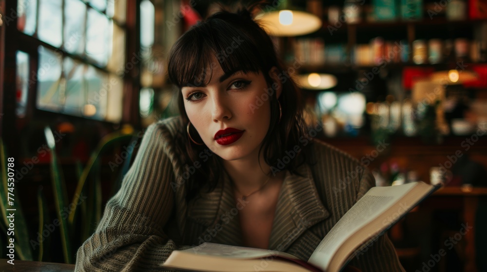 A striking woman with bold red lipstick reading a book at a cafe table AI generated illustration A striking woman with bold red lipstick reading a book at a cafe table AI generated illustration