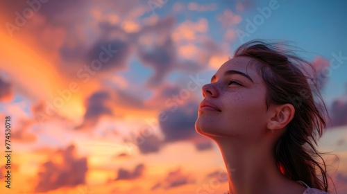 A girl with sparkling eyes admiring a colorful sunset  raw AI generated illustration