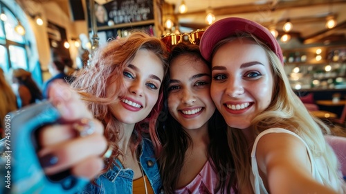 A group of trendy girls taking a selfie together in a bustling cafe  raw AI generated illustration
