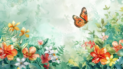 A serene scene with a watercolor butterfly floating gracefully among lush vibrant blooms  AI generated illustration © Olive Studio