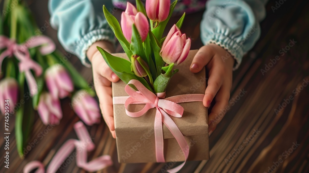 A childs hands showcasing a stunning gift box wrappe AI generated illustration A childs hands showcasing a stunning gift box wrappe AI generated illustration
