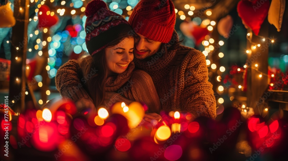 A cozy scene with a young couple surrounded by glowi  AI generated illustration