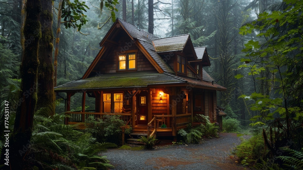 A cozy wooden house nestled among tall trees in a lu AI generated illustration A cozy wooden house nestled among tall trees in a lu AI generated illustration