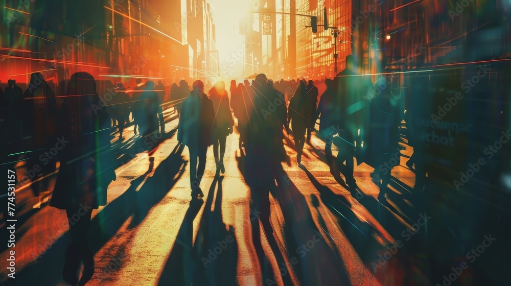 A crowd of faceless individuals move through a busy   AI generated illustration