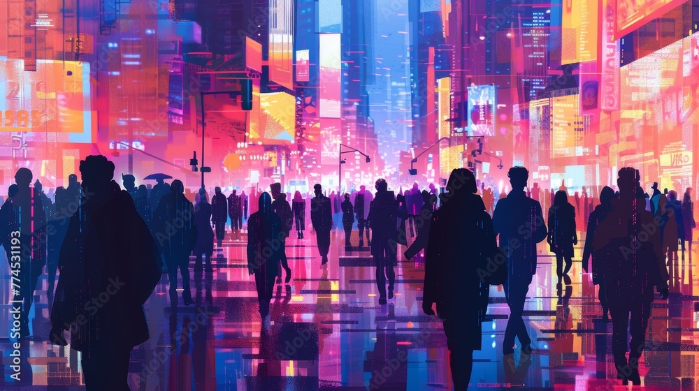 A crowd of faceless individuals navigate a bustling   AI generated illustration