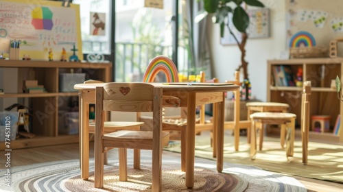 A cozy wooden desk set against a backdrop of a kinde  AI generated illustration