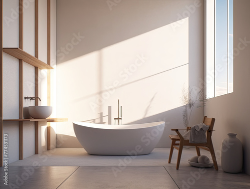Realistic interior design bathroom with bathtub. modern minimal design. Generative AI