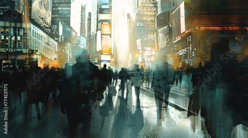 A crowd of faceless individuals move through a busy AI generated illustration