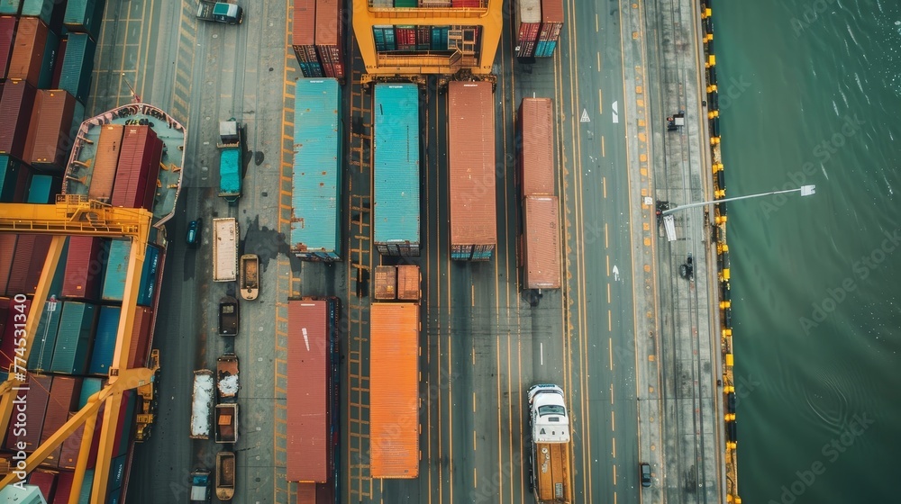 A fleet of trucks transporting goods to a shipping p  AI generated illustration - obrazy, fototapety, plakaty 