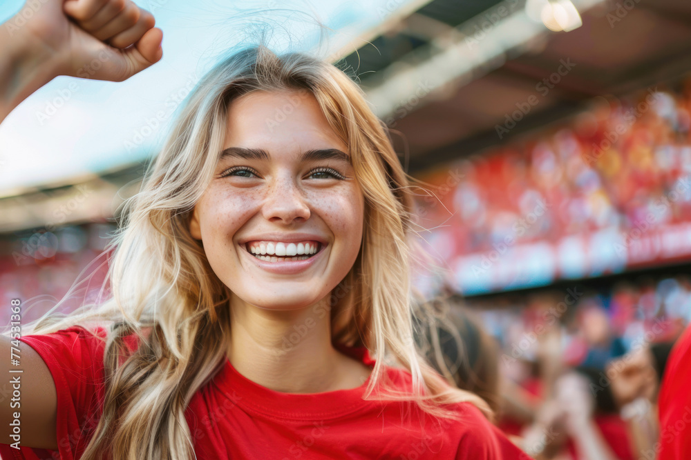 Blonde woman in red t-shirt happily raises fist in victory