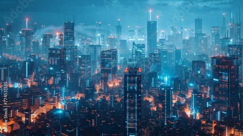 A futuristic cityscape with buildings glowing with d AI generated illustration