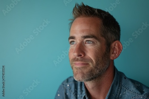 Portrait of a handsome man looking at the camera with a blue background