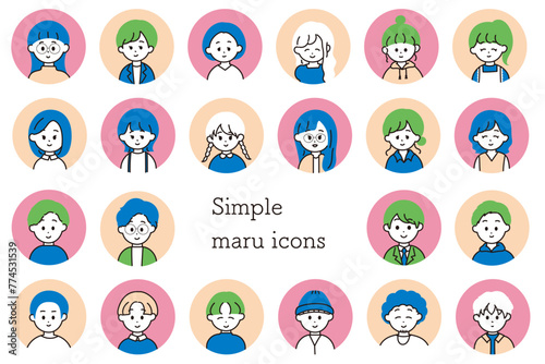 カラフルででおしゃれなかわいい男女の丸アイコンセット　