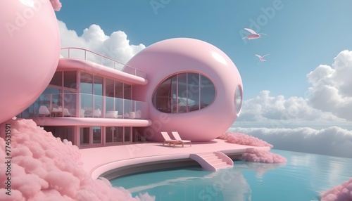 Design of a hotel or chalet on the cloud, in the style of light pink, serene oceanic vistas, snailcore, playful machines, 32k UHD, made of rubber, tender depiction of nature --AR 2:3 photo