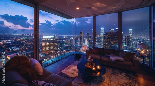 beautiful view of downtown Los Angeles from a luxury apartment at night or sunset