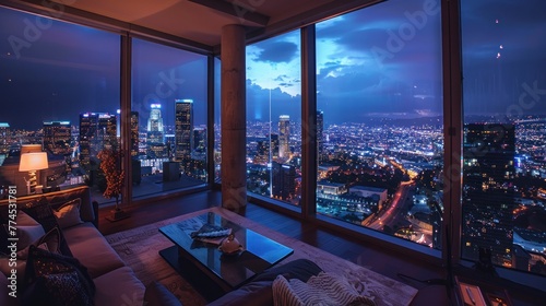 beautiful view of downtown Los Angeles from an apartment photo