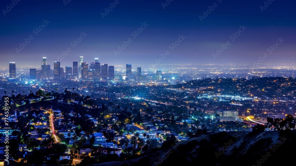 view of the city of Los Angeles at night from a high hill overlooking downtown