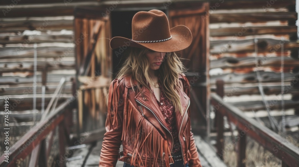 A cowgirl in a fringed leather jacket strides across the wooden planks cowboy hat pulled down low hiding face from view. . . - obrazy, fototapety, plakaty 