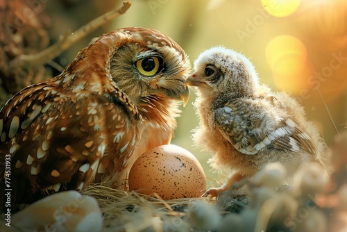 Baby owl's first sight at mother, from egg, golden morning light, eye-level, joyous Mother's Day