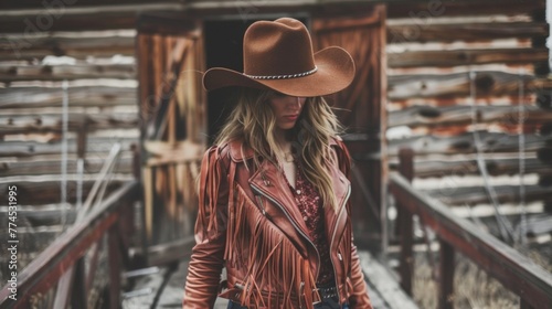 A cowgirl in a fringed leather jacket strides across the wooden planks cowboy hat pulled down low hiding face from view. . . photo