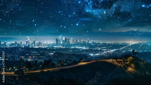 view of the city of Los Angeles at night from a high hill overlooking the city center in high resolution and quality © Marco