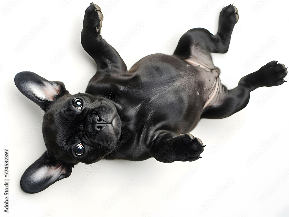 Obraz premium Cute and adorable black french bulldog lying on his back on white background, top view photograph.