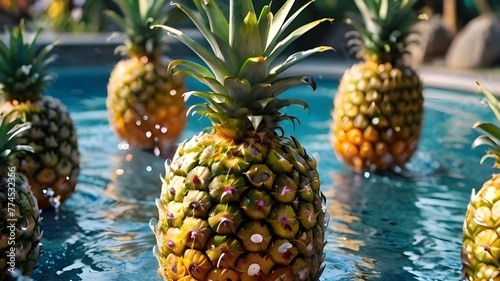 Pineapple group A fresh and juicy pineapple rests peacefully on water with flower, Pineapple with splash water