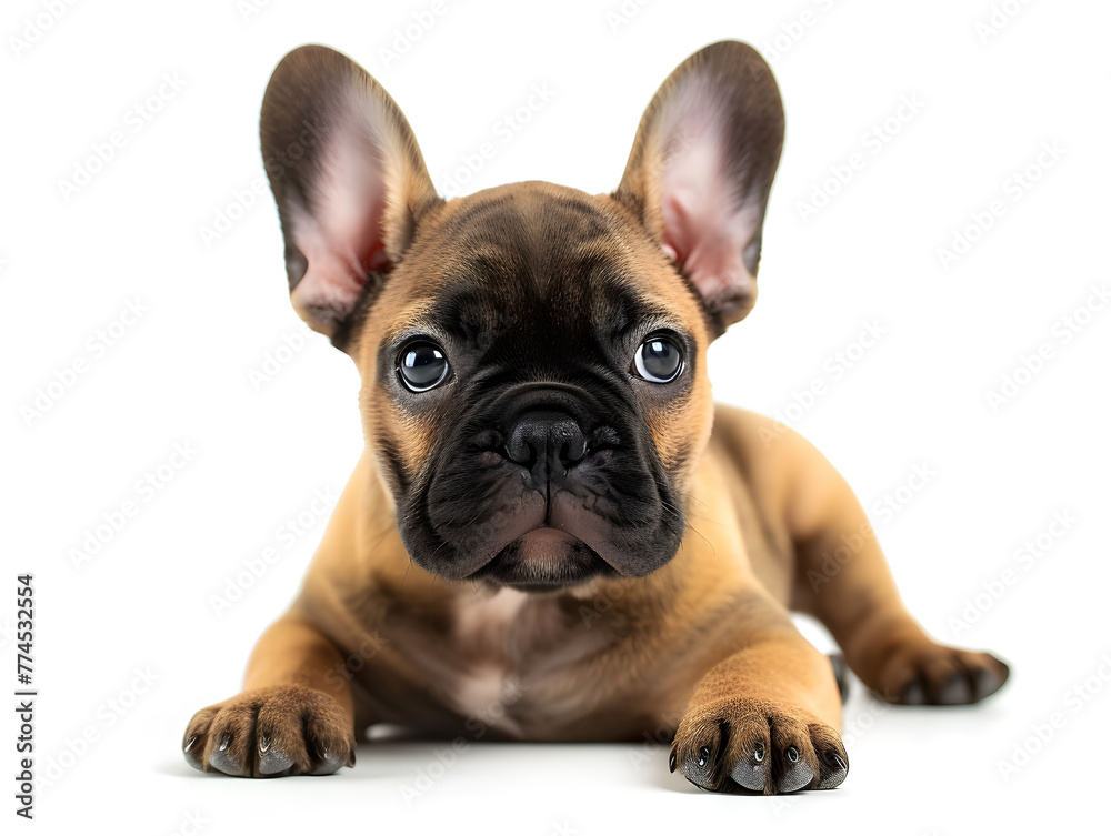 Cute and adorable french bulldog lying his head on the floor isolated on white background, front view.