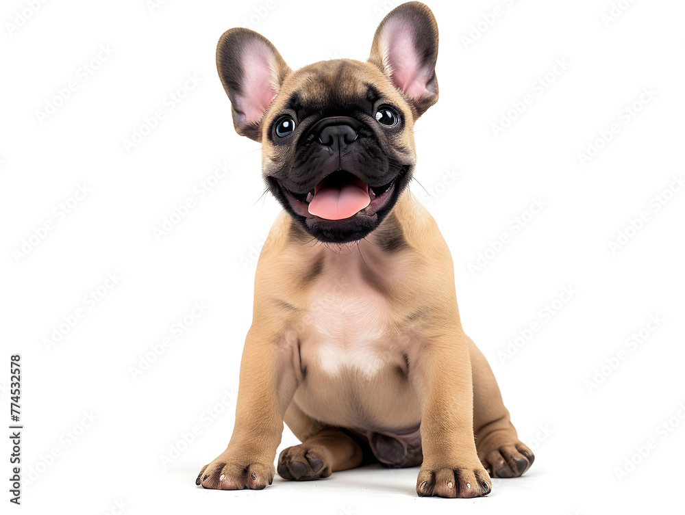 Cute and adorable french bulldog puppy sitting on white background, front view photograph. studio shot.