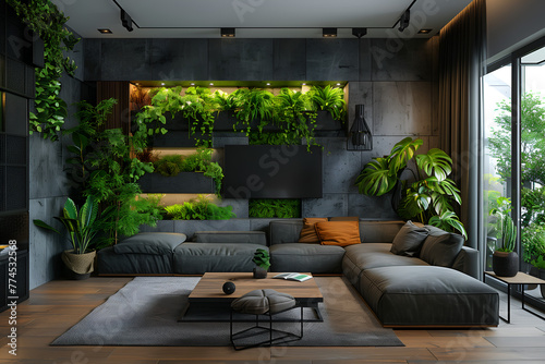 Stylish contemporary design of modern apartment living room in deep navy blue colors, lot of green house plants and concrete elements
