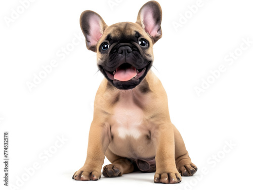 Cute and adorable french bulldog puppy sitting on white background  front view photograph. studio shot.