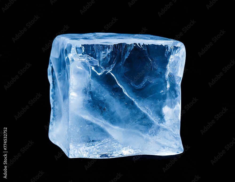 Chrystal clear frosty textured natural ice block in cold light blue tones, isolated on black