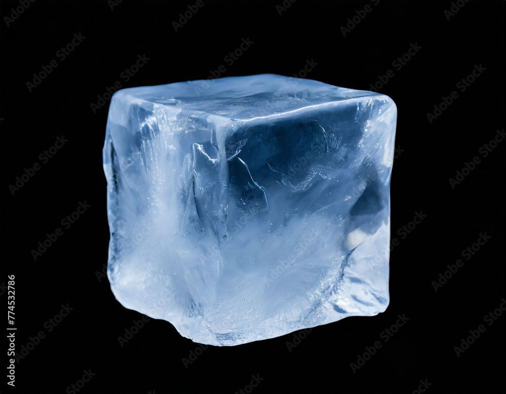 Chrystal clear frosty textured natural ice block in cold light blue tones, isolated on black