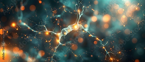 Close-up of synaptic connections in the brain demonstrating signal transmission for learning and thought formation. Concept Neuroscience Research, Synaptic Connections, Brain Activity photo