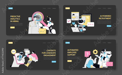 HR Automation set. Implementing predictive analytics in hiring, utilizing AI in recruitment, deploying chatbots for candidate interaction, offering automated employee support. Vector illustration