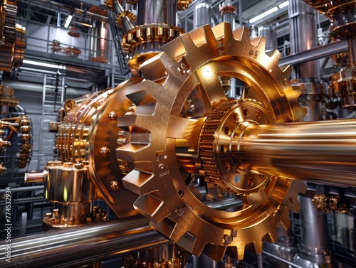 Illustrate a lowangle perspective of a golden gear seamlessly melded with cuttingedge machinery, hinting at golds pivotal role in shaping the future of technology and industry