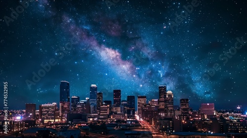 beautiful view of the city of Los Angeles at starry night with tall buildings with lights photo