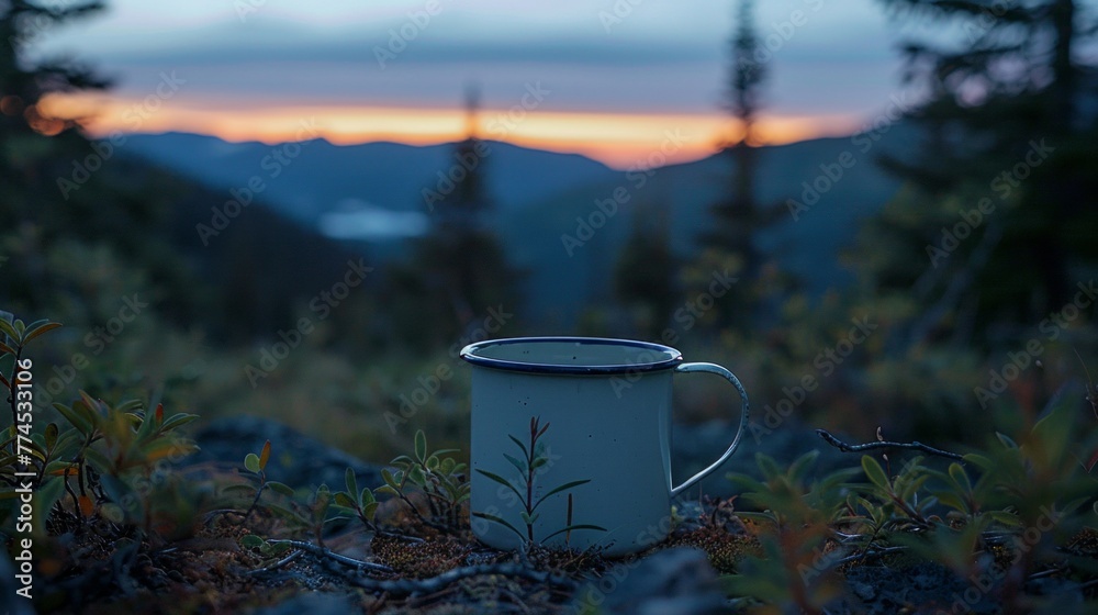 Obraz premium A white enamel mug resting on top of a grass-covered field with scattered pine foliage