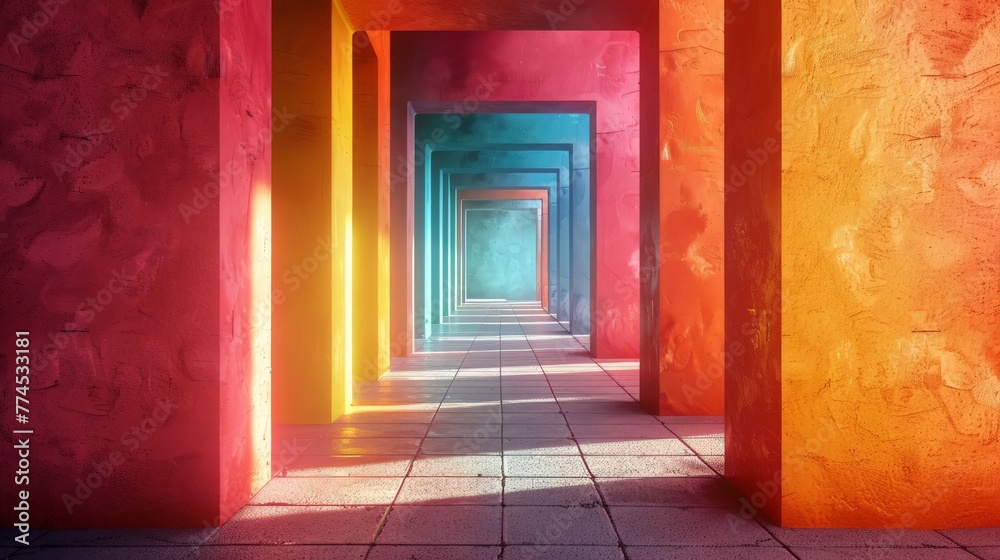 Vibrant square portals in a 3D clay-style render, leading to a colorful, abstract future