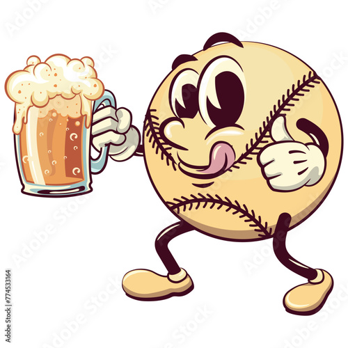 baseball cartoon vector isolated clip art illustration mascot raising a large beer glass while giving a thumbs up, work of hand drawn