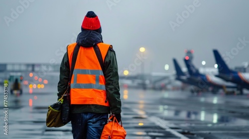 A man wearing an orange vest is walking on a large airport runway, carrying out his duties as a ramp agent photo