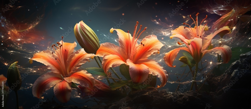 Numerous vibrant orange flowers are blooming and thriving in the dimly lit environment, showcasing their vivid color and beauty