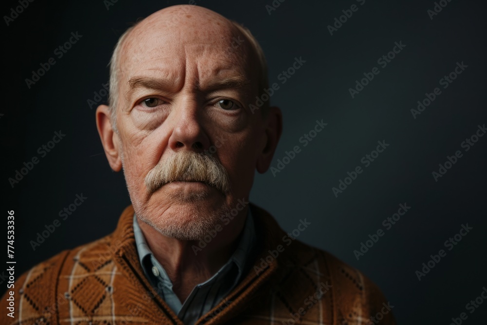 Portrait of an elderly man with a mustache on a dark background