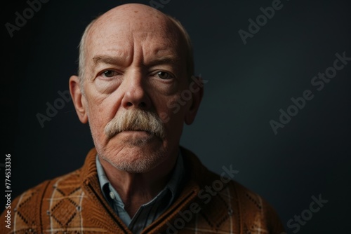 Portrait of an elderly man with a mustache on a dark background