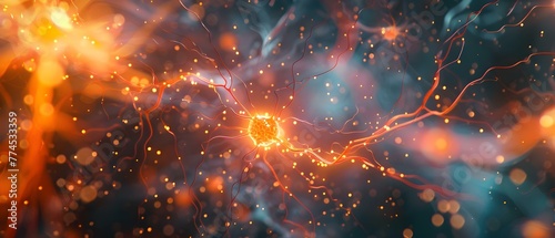 Closeup of synapse connections in the brain illustrating the transmission of impulses and formation of thoughts and learning. Concept Neuroscience, Brain Functioning, Synapse Connections