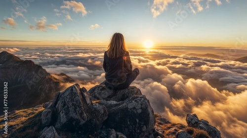 Woman sitting on top of a mountain and enjoying the view of the sunrise