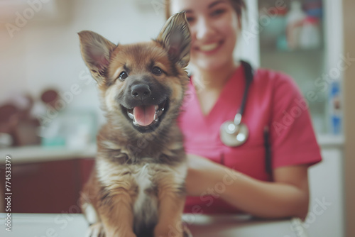 Cute happy dog at veterinary