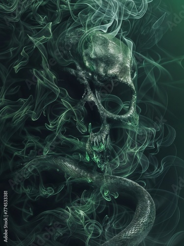 Fantasy skull with green smoke on black background.  illustration