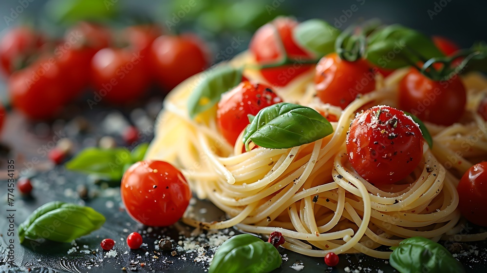 Delicate strands of angel hair pasta intertwine with plump cherry tomatoes and fresh basil leaves, creating a mouthwatering tableau of Italian cuisine.  - obrazy, fototapety, plakaty 