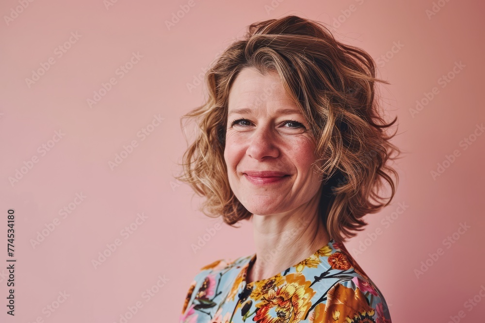 portrait of a middle aged woman with curly hair on a pink background portrait of a middle aged woman with curly hair on a pink background